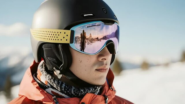 Man with ski goggles and helmet reflecting snowy mountain landscape