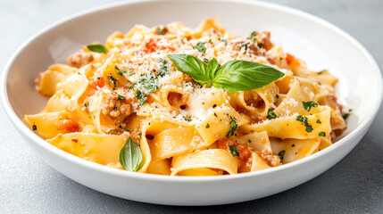A delicious plate of pasta garnished with basil and cheese, perfect for showcasing Italian cuisine.
