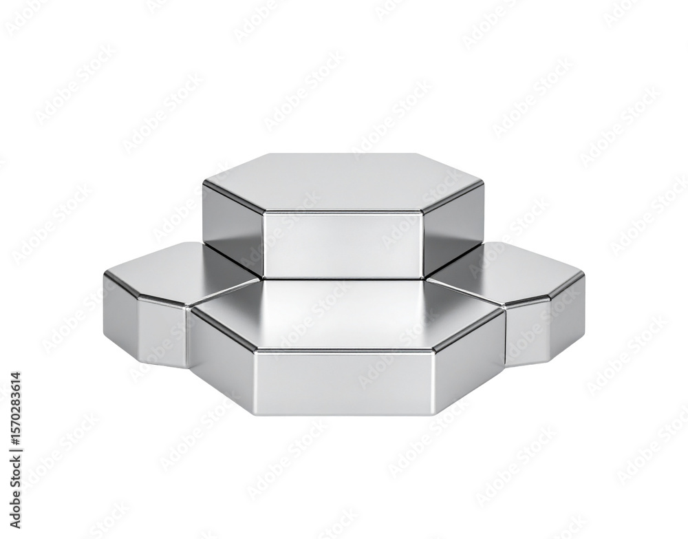 Poster metallic hexagonal display stand with two tiered levels chrome finish.