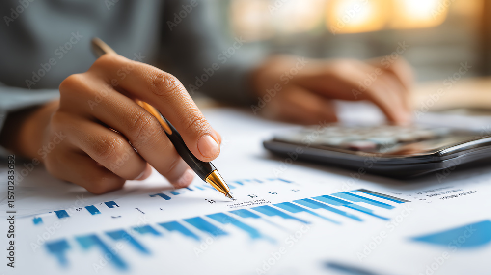 Poster a focused individual analyzes financial data with graphs, using a pen and calculator in a modern wor