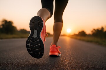 Close Up of Runner's Feet in Motion During a Morning Jog on Asphalt Road at Sunrise