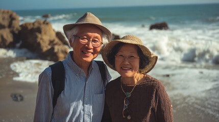 A joyful couple enjoying a beach day, smiling together amidst the waves and rocky landscape, radiating love and happiness.