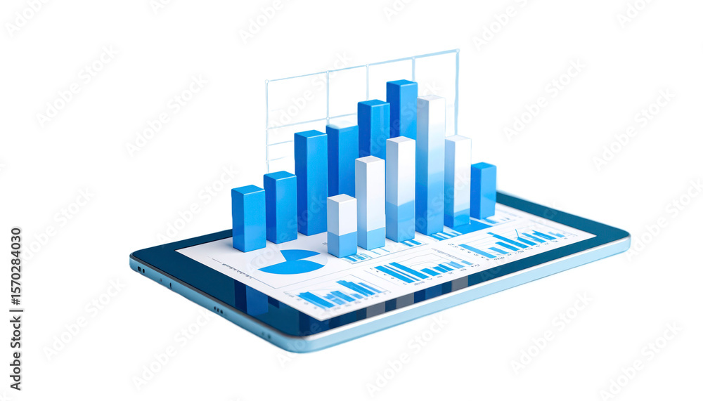Poster 3d rendered blue bar graph on tablet with data visualization isolated transparent background