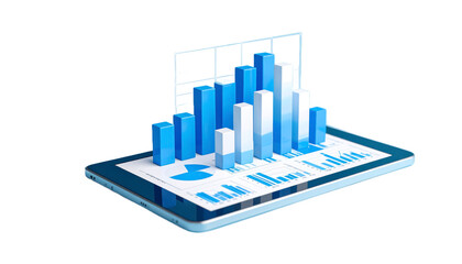 3D Rendered Blue Bar Graph on Tablet with Data Visualization Isolated Transparent Background