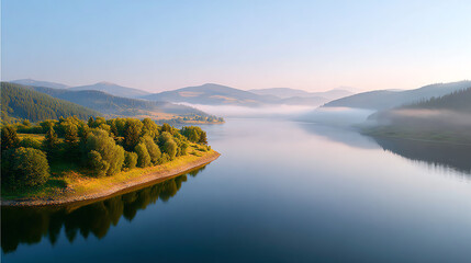 Obraz premium A serene landscape featuring a tranquil lake surrounded by lush forests and misty mountains under a clear blue sky.