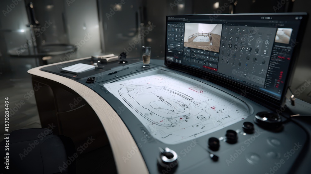Poster modern design drafting table with a curved surface and monitor.