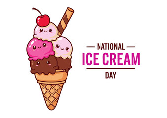Adorable Cartoon Ice Cream Cone with Cherry and Wafer Stick.