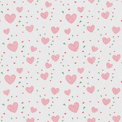 Seamless Watercolor Heart Pattern – Pink Romantic Hearts and Leaves on White Textured Background