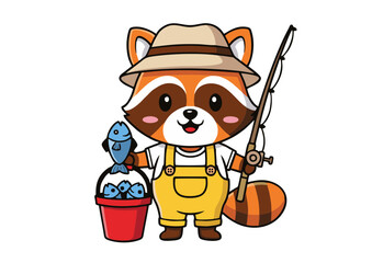Fototapeta premium Cartoon Raccoon Fisherman with Fishing Rod Bucket and Fish Smiling.