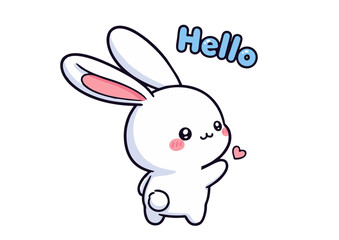 Obraz premium Adorable White Bunny Rabbit Cartoon Character Saying Hello Pink Cheeks Cute Pose.
