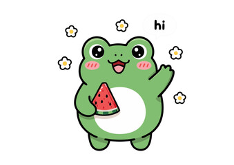 Obraz premium Adorable Green Frog Holding Watermelon Slice Kawaii Style.