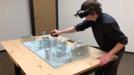 Person interacts with a virtual city model on a table.