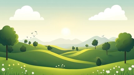 Fototapeta premium Springtime hills, lush landscape, sunrise, peaceful background. Possible use nature, travel, vacation