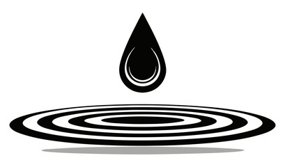 A black silhouette of a single teardrop-shaped drop suspended above concentric ripples, symbolizing impact, purity, or liquid.