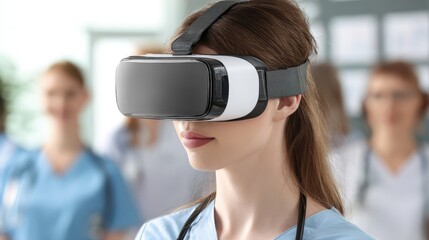 Woman in scrubs wearing virtual reality headset.