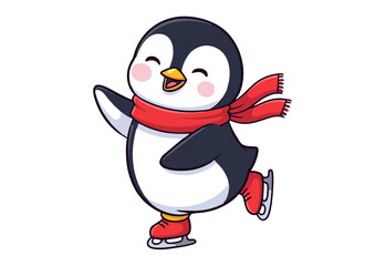 Cartoon Penguin Ice Skating with Red Scarf and Skates Illustration.