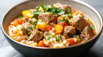 A vibrant bowl of hearty stew with tender meat, vegetables, and herbs, perfect for a comforting meal on a chilly day.