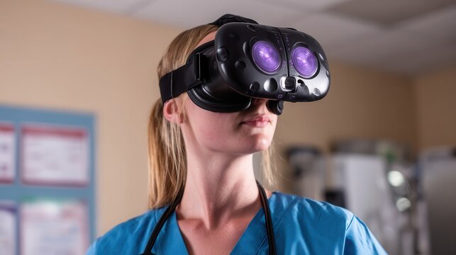 Woman wearing virtual reality headset in medical setting.