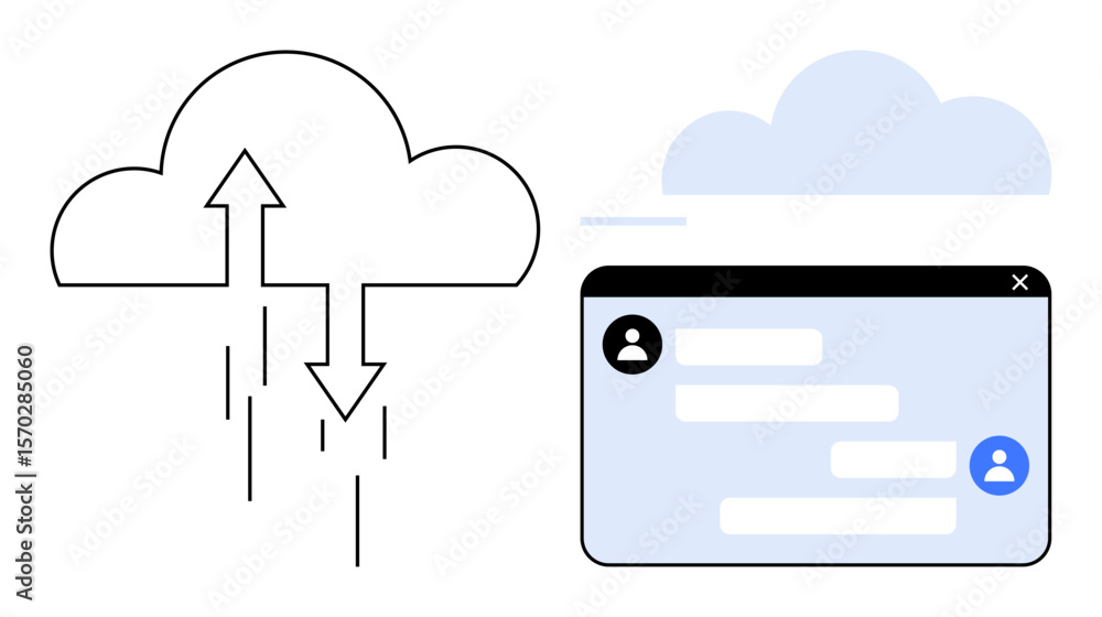 Poster cloud with arrows symbolizing data exchange beside a chat interface with user icons and message bubb