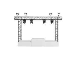 Stage Podium with Metal Truss Structure and Spotlights for Events.