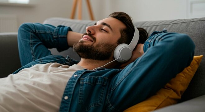 Man relaxing on couch with headphones enjoying music eyes closed in casual wear