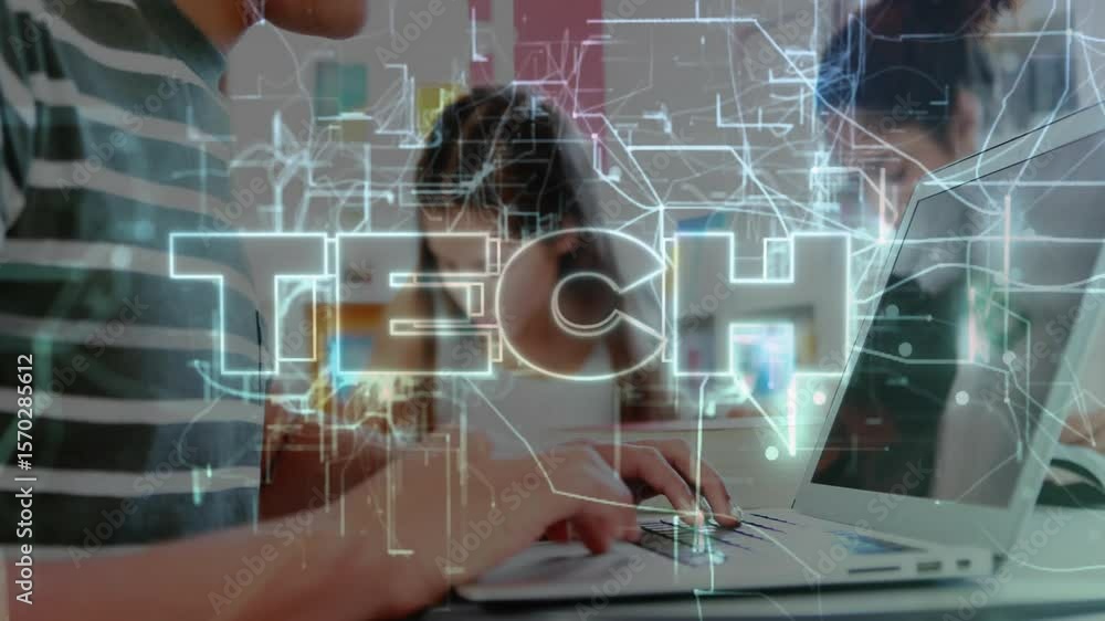 Poster student trio typing laptops and swiping tablet overlay forming tech circuit supporting learning