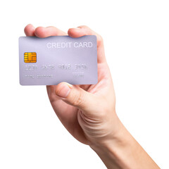A close-up man hand holds a silver credit card isolated on white background.