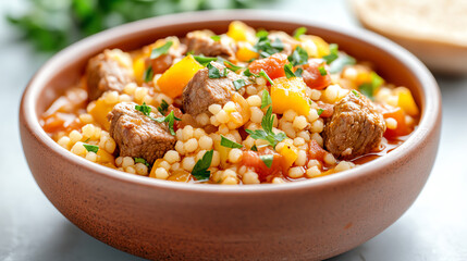 Delicious couscous dish with vegetables and tender meat, garnished with fresh herbs, perfect for healthy meals.