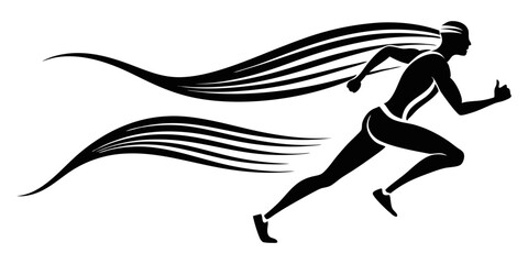 
A dynamic silhouette of a running figure with stylized, flowing hair and speed lines, conveying motion, athleticism, and rapid progress.