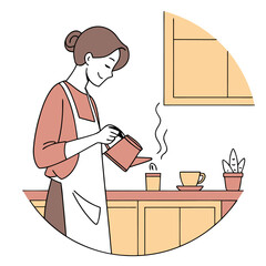 Woman pouring tea in kitchen with cabinet cup saucer and plant in a round frame illustration style