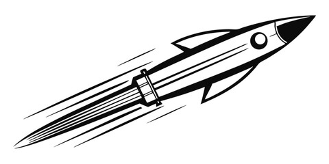 
A dynamic, black and white illustration of a rocket soaring upwards with speed lines, symbolizing progress, launch, or rapid growth.