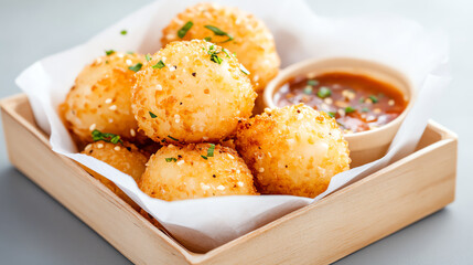 Delicious golden fried snacks served with a tangy dipping sauce, perfect for appetizers or party platters.