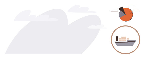 Cargo ship transporting containers, colorful pie chart for data analysis, and abstract cloud elements. Ideal for logistics, shipping, business, global trade, analytics, transportation and economic