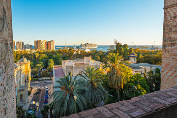 View from the Alcazaba hilltop Moorish medieval fortress overlooking the seaside city and port of...