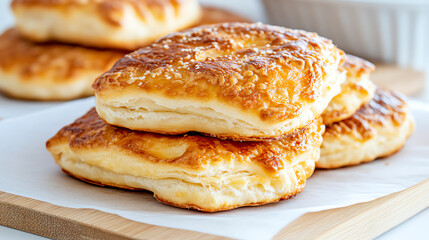 Deliciously flaky and golden-brown biscuits stacked on a wooden board, perfect for breakfast or a delightful snack.