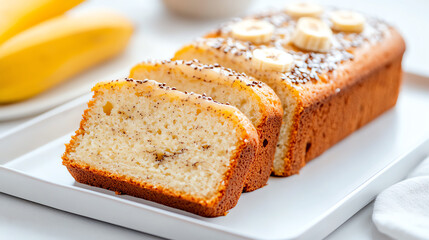 Deliciously moist banana bread sliced on a white plate, featuring fresh banana slices for a perfect treat.