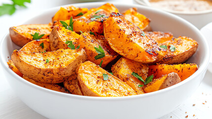 Deliciously seasoned potato wedges served in a bowl, perfect for a healthy snack or side dish, topped with parsley for freshness.