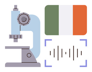 Microscope beside Irish flag and soundwave in scanning frame, highlighting research, analysis, technology, science, innovation, national pride, and data exploration. Ideal for simple flat metaphor