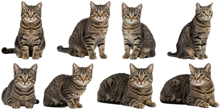 Multiple tabby cats sitting in various poses on transparent background  