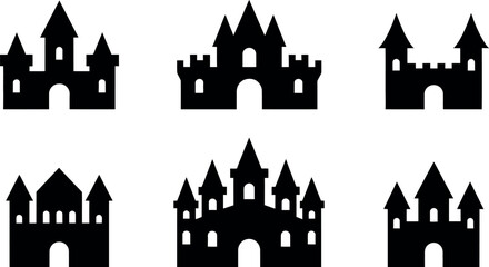 Collection of six distinct black silhouette castle icons with flags and arched doorways