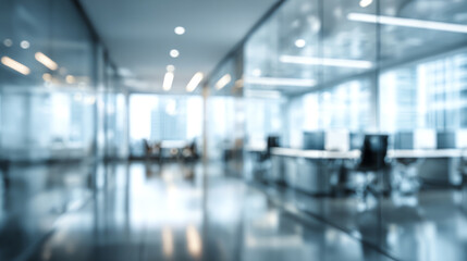 Modern Office Interior Blur: Abstract blurred image of a modern office interior, showcasing sleek design, glass partitions, and contemporary furniture.