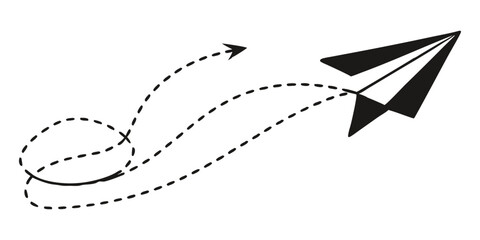 A black paper airplane soars with a dotted line indicating its looping flight path, symbolizing travel, communication, or a creative journey.