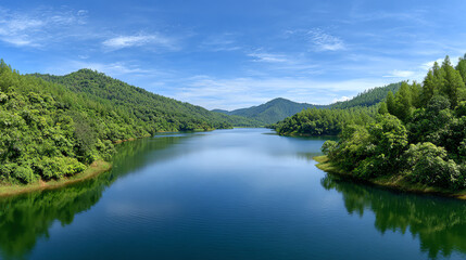 Naklejka premium Serene landscape featuring a tranquil lake surrounded by lush greenery and rolling hills under a bright blue sky.