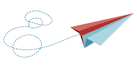 A red and blue paper airplane flies with a dotted line indicating its looping flight path, symbolizing travel, communication, or a creative journey.