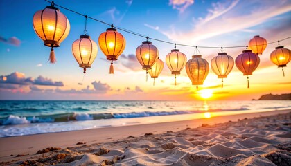 Lanterns Glowing on a Beach at Sunset Seaside Getaway