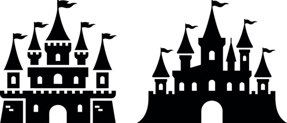 Two black silhouette fairytale castles with flags on towers against a white background