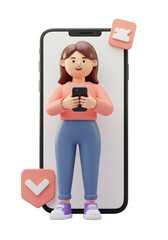 3D Cartoon Woman Holds Phone Mobile Online Shopping App Background