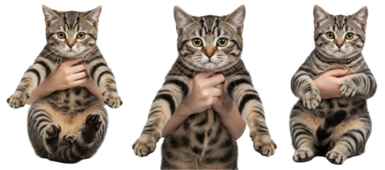 Three cats being held by hands against a transparent background  