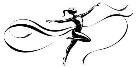 A graceful silhouette of a rhythmic gymnast in mid-performance, with long, flowing ribbons swirling elegantly around her, capturing motion and artistry.