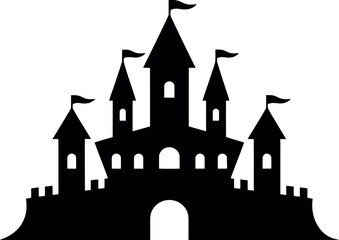 Black silhouette of a fairytale castle with multiple towers and flags on a white background